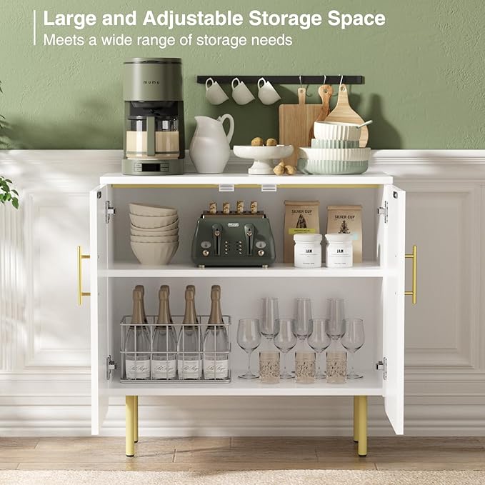 Buffet Cabinet with Storage, Sideboard with 2 Doors, Adjustable Shelf, Fluted Accent Cabinet for Living Room, Modern,White