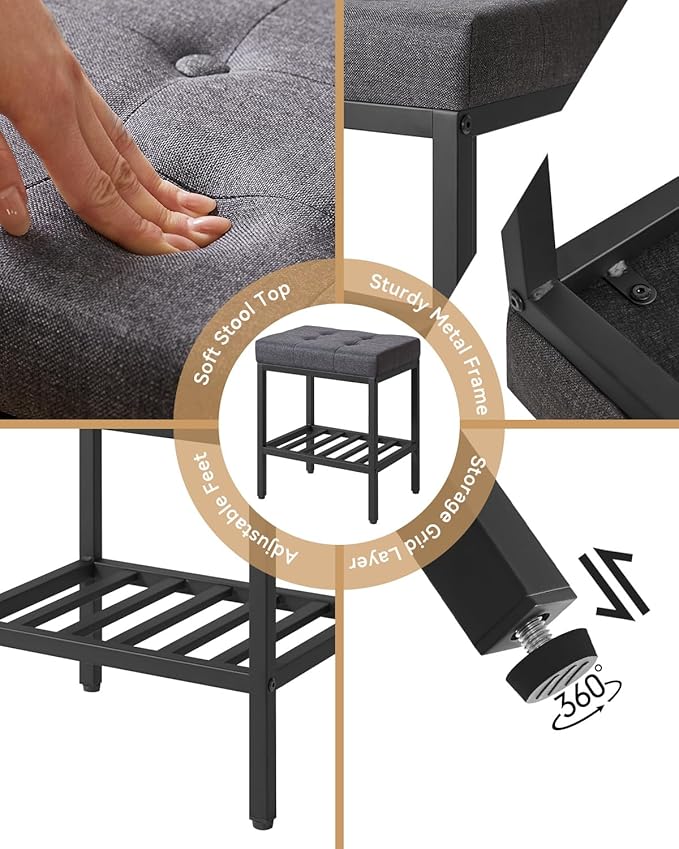 IBUYKE Rectangular Makeup Stool with Adjustable Feet and Storage Space, Footrest Chair, Linen Seat Vanity Stool, Multi-Use as Small Side Table or Ottoman, for Bedroom, Dark Gray WBD017G