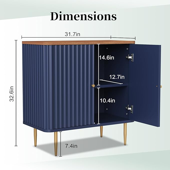 HLR Sideboard Buffet Cabinet with Fluted Texture, Blue Accent Cabinet with 2 Doors, Modern Credenza Storage for Kitchen Living Room, Entryway (Blue, 1 Piece)