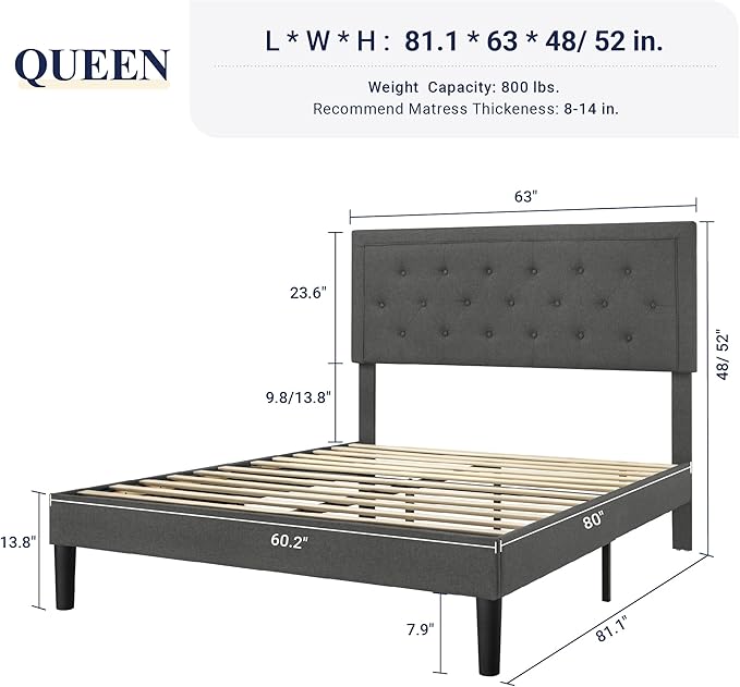 Allewie Queen Size Button Tufted/Fabric Upholstered Bed Frame with Adjustable Headboard/Wood Slat Support/Mattress Foundation/Dark Grey