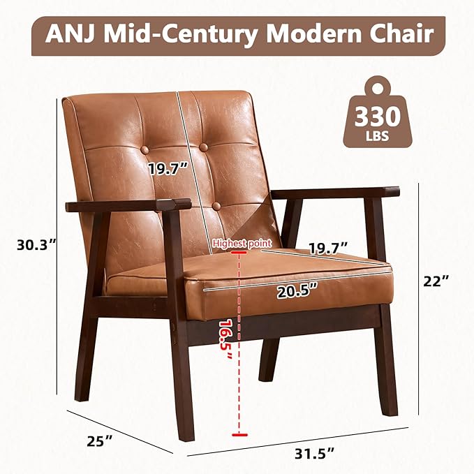 ANJ Mid Century Modern Accent Chair Set of 2 for Living Room, Tufted Faux Leather Armchair, Comfy Retro Bedroom Side Chair with Dark Wood Frame, Orange Brown
