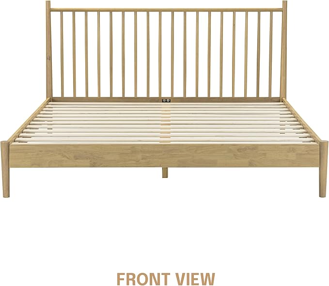 NTC Inno Wooden Bed Frame with Headboard, Solid Oak and Rubber Wood Foundation with Silent Slats and Wood Central Supports, 1000 Lb Capacity, Effortless Assembly, King - Sand