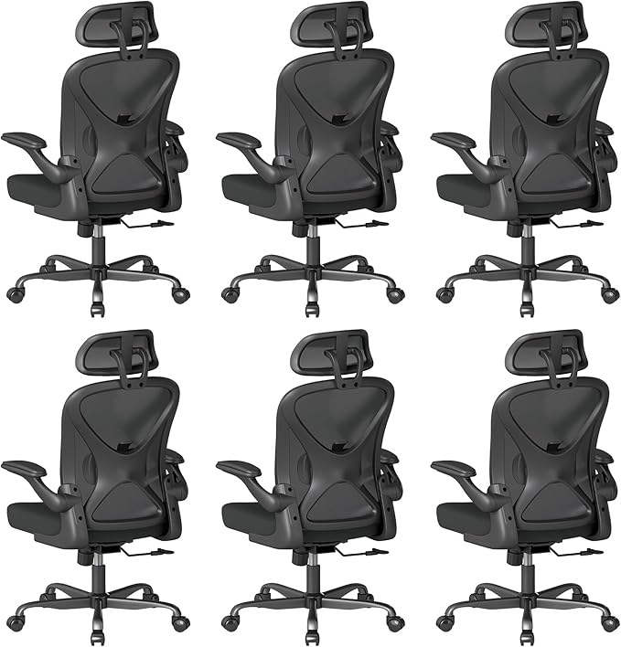 ZZH Ergonomic Office Chair Set of 6 with Adjustable Lumbar Support and Headrest, Mesh Home Office Desk Chair with Wheels and Flip-up Arms, Black