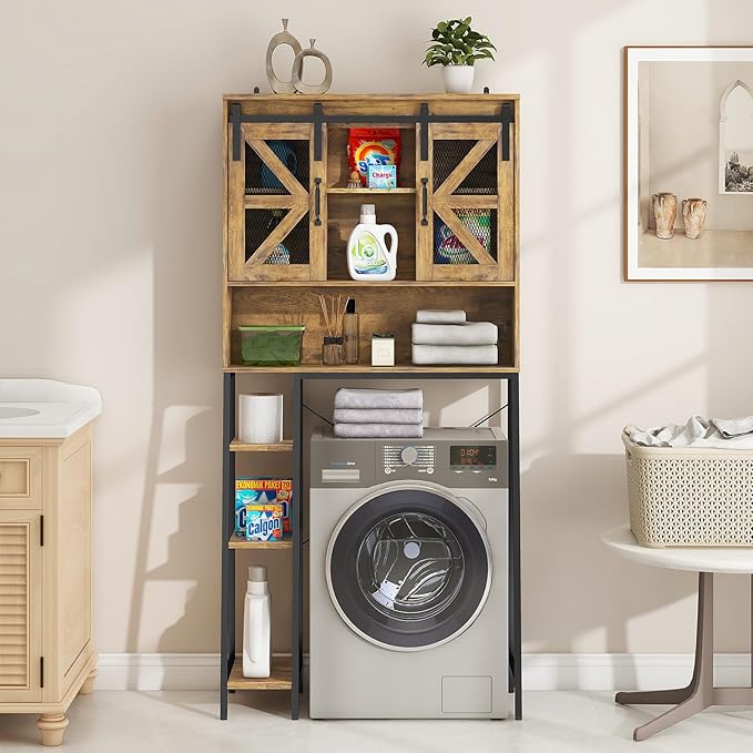 Vabches Over The Toilet Storage Cabinet, Farmhouse Storage Cabinet Over Toilet with Sliding Barn Door，Home Space-Saving Toilet Rack, for Bathroom, Restroom, Laundry