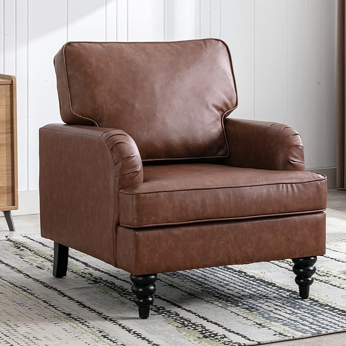 PU Leather Upholstered Accent Chair Modern Single Sofa Chair with Thick Removable Back Cushion and Black Printed Legs Armchair for Living Room/Bedroom/Reading Room, Brown