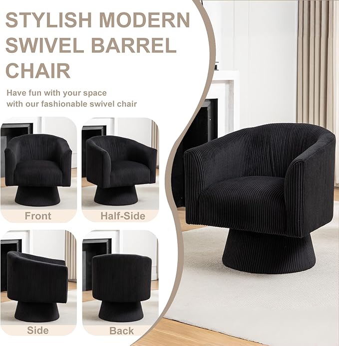 Swivel Accent Chair Set of 2, Modern 360° Swivel Barrel Chair, Corduroy Upholstered Single Sofa for Living Room, Bedroom(Black)