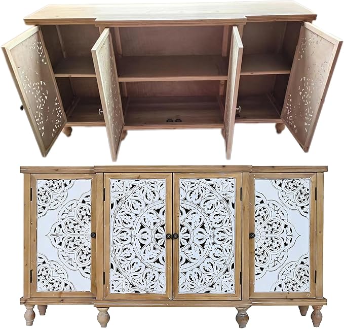 Accent Cabinet with 4 Doors, Hollow Carved Storage Sideboard, Wood Buffet Cabinet for Living Room, Dining Room, Entryway (4-Door 3 Compartment)