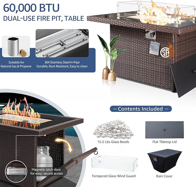 NICESOUL 29.3'' High Back Patio Set with Firepit Propane & Natural Gas, 7 Piece Oversized Large Wicker Outdoor Sectional Couche Sets, Heavy Duty Backyard Furniture, Brown Rattan and Black Cushion