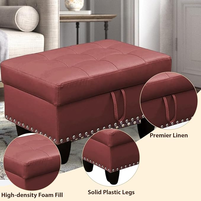 Faux Leather Storage Ottoman with Nailhead Trim, 28.5"X19.5"X17.5" Footrest Stool, Hidden Storage Foot Stool for Living Room, Bedroom Furniture, Red