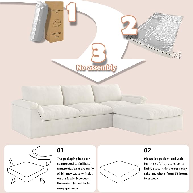 EASE MOOSE Oversized Sectional Cloud Couch-8-Seat, Corner V-Shaped Deep-Seat Modular Boneless Sofa, No-Assembly Chenille Sofa for Living Room, White