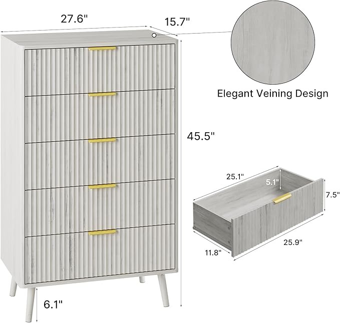 LYNSOM Fluted Dresser and Nightstand Sets 2 Piece, 1-Drawer Nightstands and 5-Drawers Dresser, Wood Bedroom Furniture Set for Home, Bedroom, Hallway, White