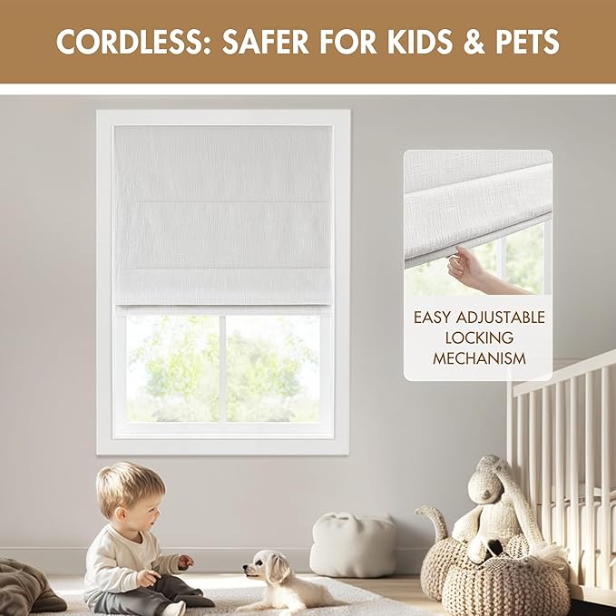 Madison Park Cordless Roman Shades, Total Blackout Window Blind Privacy Window Shades, Thermal Insulated Cordless Window Treatment for Bedroom, Living Room, Quincy, Single Panel 35" W X 64" H White