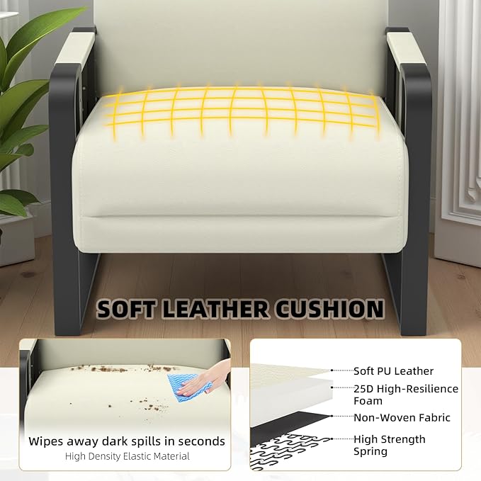 Faux Leather Accent Chair with Flip Up Tray Table Soft Backrest Side Pocket for Living Room Office Bedroom Leather Accent Chair, Beige