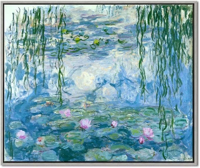 Wieco Art Framed Wall Art Water Lilies by Claude Monet Canvas Print Paintings Reproduction Modern Canvas Wall Art for Home and Office Decoration Abstract Artwork Silver Frame