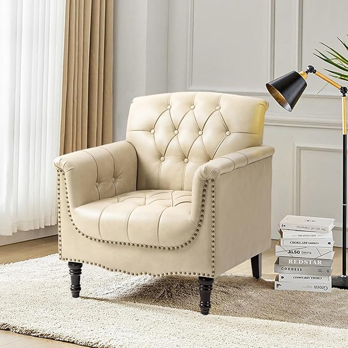 Faux Leather Accent Chair, PU Leather Modern Comfy Upholstered Armchair with Wood Legs & Nailhead Trim for Living Room, Bedroom (Beige,Set of 2)
