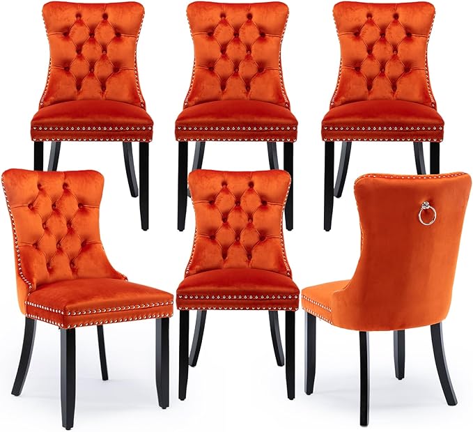 Velvet Upholstered Dining Chairs Set of 6, Modern Style Kitchen Side Chairs with Nailhead Trim and Wood Legs,Metal Pulling Ring for Dining Room Living Room(Orange,Set of 6)