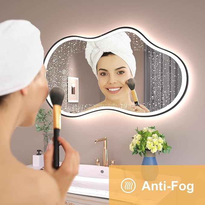 WTTY LED Irregular Bathroom Mirror 24x36 Inch with Front & Back Lights - Asymmetrical Design, Anti-Fog, Dimmable 3 Color Temperatures, Shatterproof Glass, Horizontal or Vertical Mount (Black Frame)