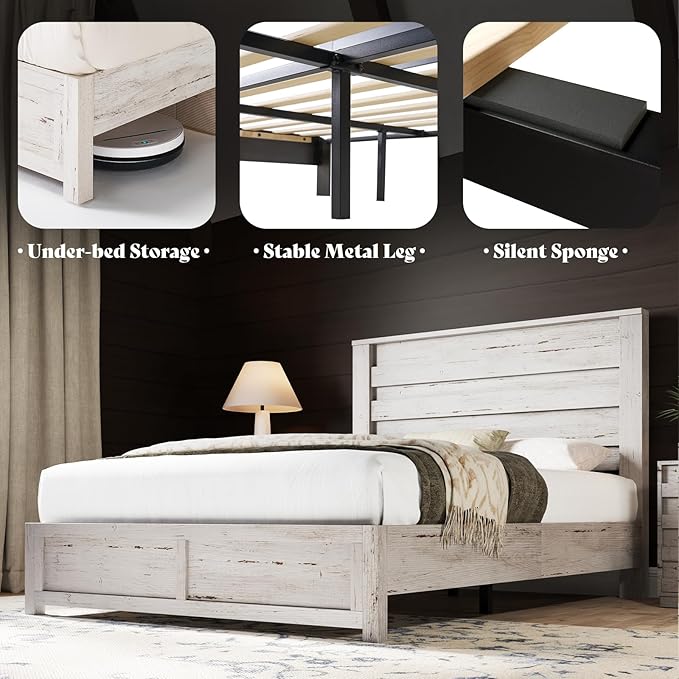AMERLIFE Farmhouse Queen Size Bed Frame with 49" Fluted Headboard, Wood Platform Bed with Natural Grain, No Box Spring Needed/Noise Free, Distressed White