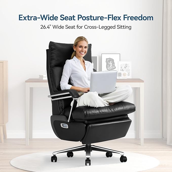 M80A Dual Motor Electric Executive Office Chair with Footrest, Comfortable Reclining Office Chair Wide Seat, Big and Tall Ergonomic Leather Home Office Desk Chair (Black,Multi-Functionality)