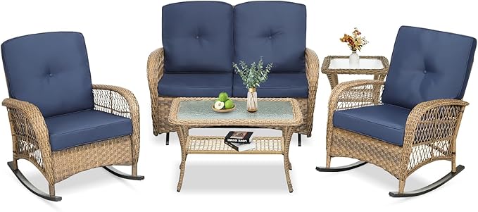 VIVIJASON 5-Piece Outdoor Patio Wicker Conversation Sets, All Weather Outdoor Rattan Furniture Set Includes Glider Loveseat, 2 Coffee Table, 2 Rocking Chairs with Cushions for Backyard, Navy Blue