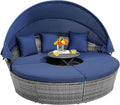 COSTWAY Patio Round Daybed with Retractable Canopy, Wicker Furniture Sectional Couch with Separate Cushioned Seats, Adjustable Table Top, Patio Rattan Daybed Set for Patio, Backyard, Poolside (Navy)