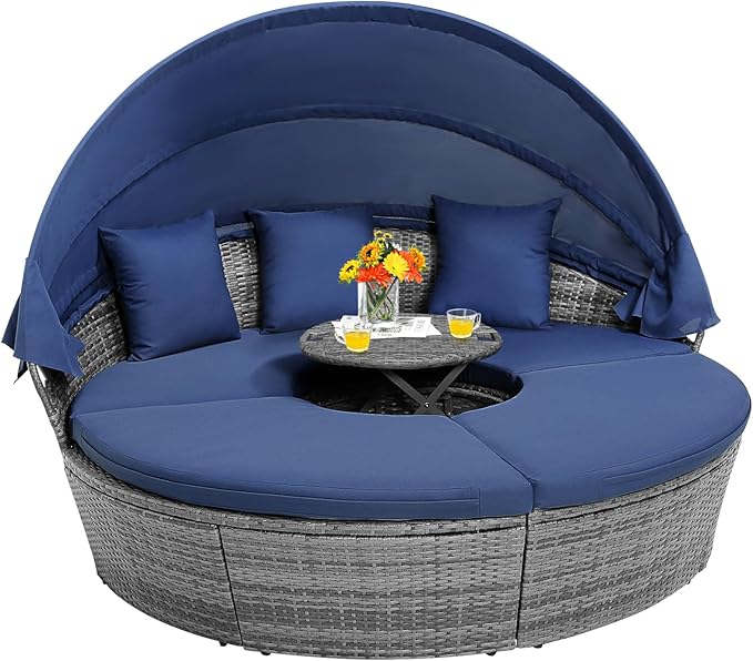 COSTWAY Patio Round Daybed with Retractable Canopy, Wicker Furniture Sectional Couch with Separate Cushioned Seats, Adjustable Table Top, Patio Rattan Daybed Set for Patio, Backyard, Poolside (Navy)