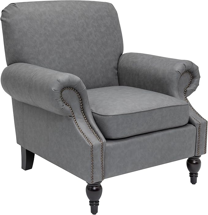 Accent Chair,22.4" Seat Depth Armchair with Roll Arms,36.6W*34.3D*34.6H Living Room Chair,Wood Legs,Set of 2,Faux Leather in Gray