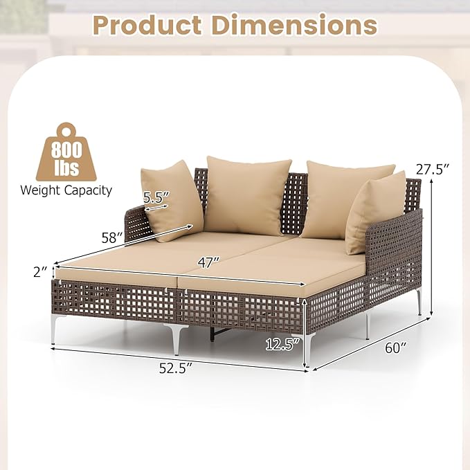 HAPPYGRILL Outdoor Patio Daybed PE Rattan Sunbed with Pillows and Cushions, Heavy-Duty Metal Frame, Outdoor Bed Lounger for Porch, Backyard and Poolside (Beige)