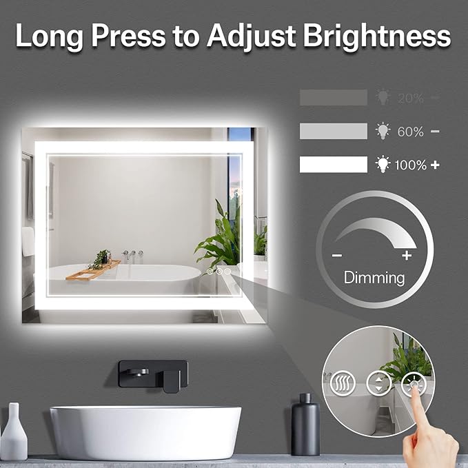 40 x 32 Inch LED Bathroom Mirror, Front Light and Backlit Anti-Fog Dimmable Memory Lighted Vanity Mirror, Shatterproof Wall-Mounted Led Mirror for Bathroom