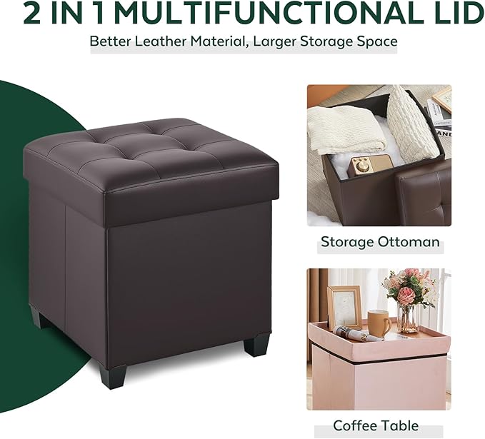 17.7" Ottoman with Storage, Square Storage Ottoman for Dorm, Faux Leather Ottomans with Legs for Living Room, Bedroom, Brown