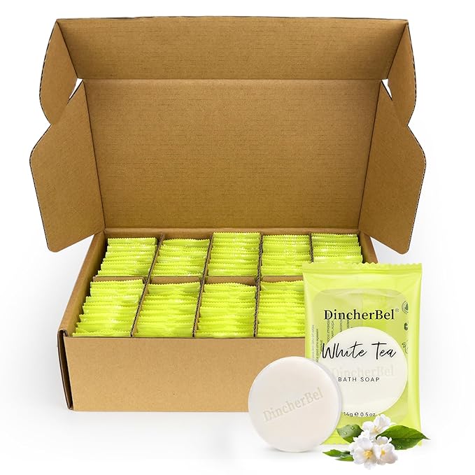 DincherBel 100 Pack 0.5oz Travel Soap, Mini Round Cleansing Bars Soap Bulk Travel Size, Individually Wrapped Toiletries Amenities for Hotel, Airbnb, Shelter, Camping and Traveling