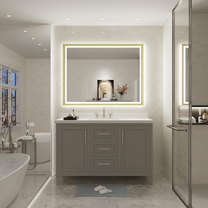 LED Bathroom Mirror, 40x30 Inch Frontlit & Backlit Gold Framed Lighted Mirror,Wall Mouted Vanity Mirror with Lights,Double Lights Strips,Anti Fog Stepless 3 Colors Temperature & Dimmable