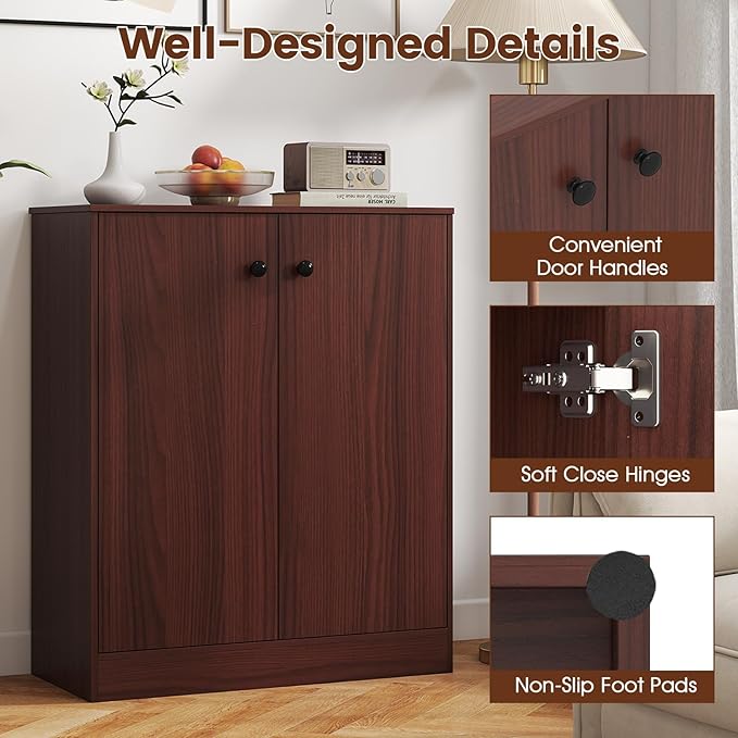 GOFLAME Floor Storage Cabinet with 2 Doors, Freestanding Accent Storage Cabinet Organizer with 3-Tier Inner Shelves, Modern Sideboard Buffet Cabinet for Kitchen, Living Room, Entryway, Dark Brown