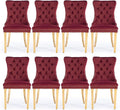 Velvet Upholstered Dining Chairs Set of 8, Modern Style Kitchen Side Chairs with Nailhead Trim and Gold Plated Leg, Metal Pulling Ring for Dining Room Living Room(Wine Red-Gold Plated Leg)