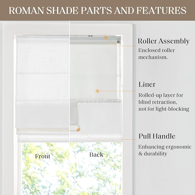 Madison Park Kyler Cordless Roman Shades - Single Panel, Lightweight Linen Blend Fabric, Natural Design, Easy Installation, Light Filtering Window Blind, Bedroom, Living Room Decor 35"W x 64"H White