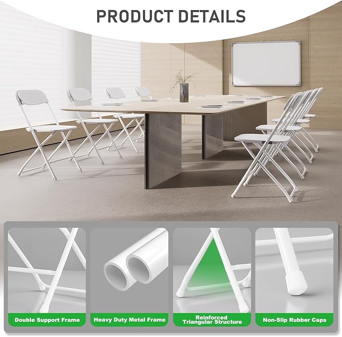 Folding Chairs10 Pack,Heavy Duty White Plastic Stackable Event Chairs for Indoor Outdoor, 350lb Capacity Portable Commercial Banquet Chairs for Wedding,Party,Office