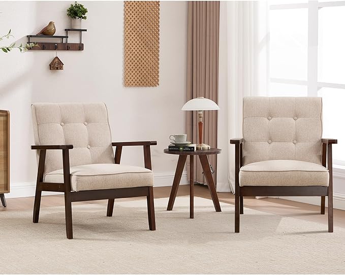 ANJ Mid Century Modern Accent Chairs Set of 2, Tufted Fabric Armchair with Solid Wood Frame, Comfy Retro Side Chair Reading Chair for Living Room, Bedroom，Beige