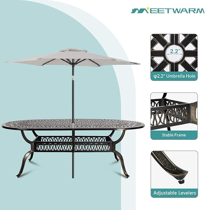 MEETWARM 9-Piece Patio Dining Set, All Weather Cast Aluminum Outdoor Dining Table Set with 1 Oval Table, 8 Chairs, 8 Cushions, 2" Umbrella Hole, Dark Bronze