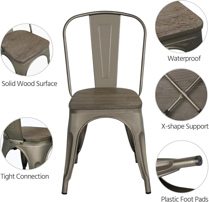 Yaheetech Metal Dining Chairs with Wood Seat/Top Stackable Side Chairs Kitchen Chairs with Back Indoor-Outdoor Classic/Chic/Industrial/Vintage Bistro Cafe Trattoria Kitchen Gun Metal, Set of 4