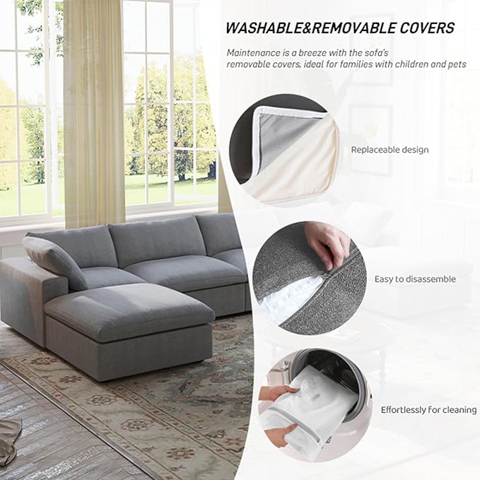Cloud Modular Sectional Sofa Couch,120.45" Convertible Couches 3 Seater Sofa for Living Room,Minimalist Deep Sofa Couches,Sofa Covers Washable&Replaceable(Grey)