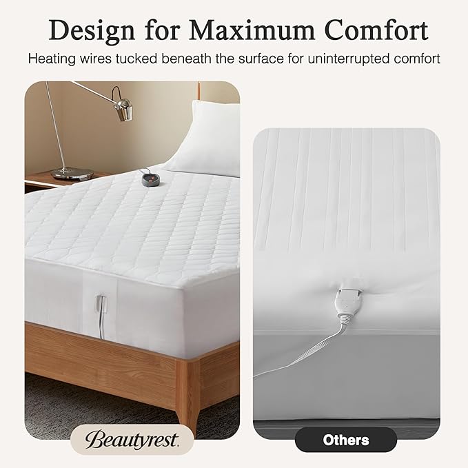 Beautyrest 3M Scotchgard Heated Mattress Pad - Electric Bed Warmer with 5 Heat Settings, 10 Hr Auto Shut Off Timer, All Around Elastic Deep Pocket, UL Certified, Machine Washable, White Cal King