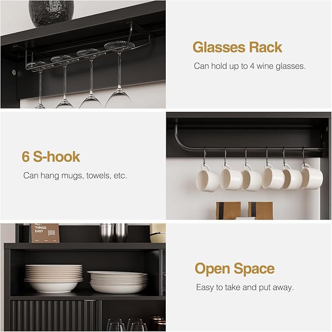 Fluted Buffet Cabinet with Storage, Modern Coffee Bar Cabinet with Outlet, Wine Rack, Cup Holder, Multi-Functional Accent Liquor Cabinet for Living Room, Entryway, Kitchen, Black