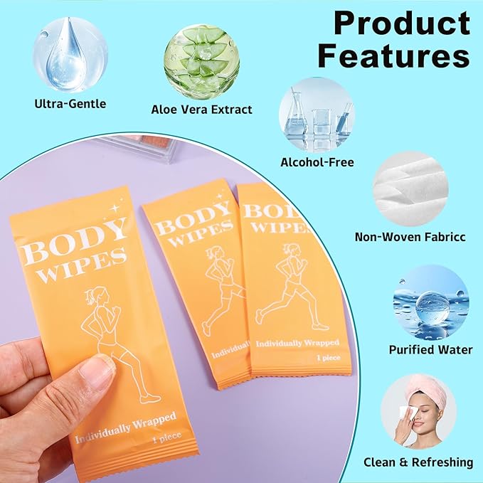 200 Pack Body Wipes Individually Wrapped, Shower Wipes For Adults, No Rinse Bath Wipe Bulk, Cleansing Wipe Travel Size for Travel, Gym, Camping, Outdoors Sports (Orange)