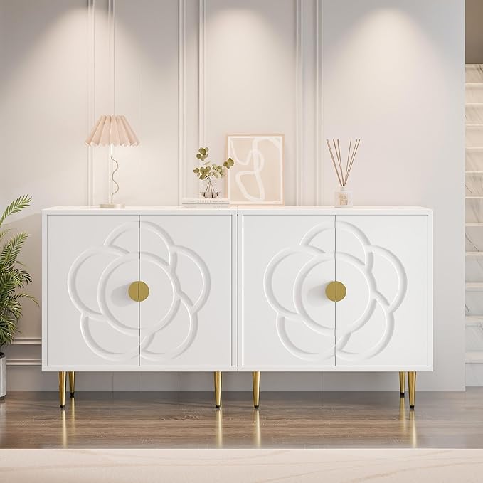 TOLEAD Storage Cabinet, Modern Cabinet with Decorative Flower Pattern Doors, Accent Sideboard Buffet Cabinet for Hallway, Living Room, Kitchen, White