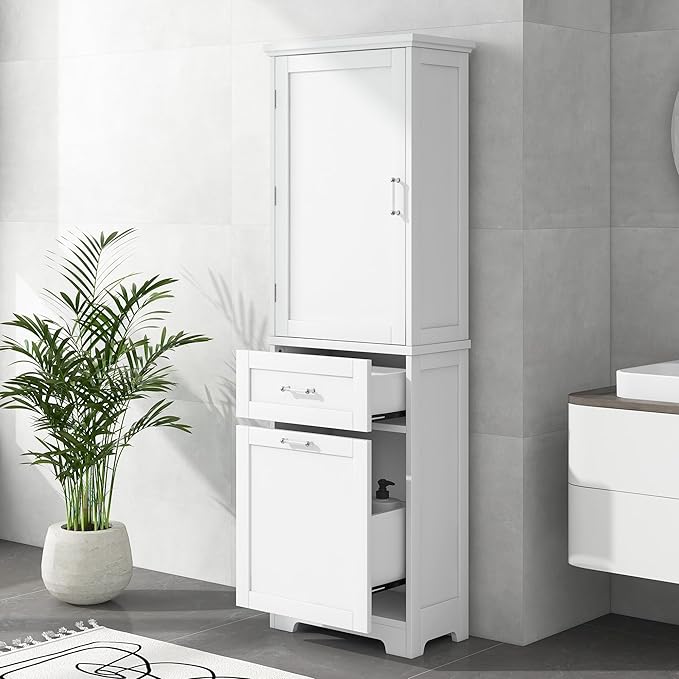 Tall Bathroom Storage Cabinet, Freestanding Storage Cabinet with 1 Door, 2 Different Size Drawers for Bathroom Living Room (White)
