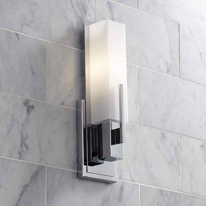 Possini Euro Design Midtown Modern Wall Mount Light Sconce Chrome Hardwired 15" High Fixture Rectangular Opal White Glass for Bedroom Bathroom Bedside Living Room Home Hallway Dining Kitchen