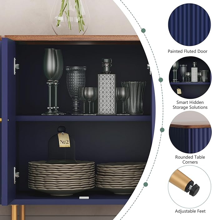 HLR Sideboard Buffet Cabinet, 48" Modern Accent Cabinet with 4 Door and Removable Shelves, Credenza with Storage for Living Room, Dinning Room, Entryway, Blue