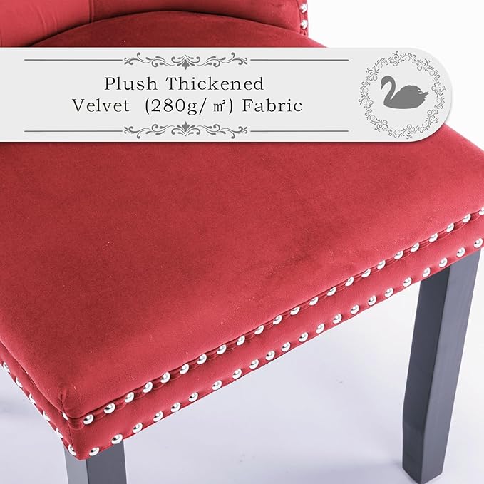 Velvet Upholstered Dining Chairs Set of 2, Modern Style Kitchen Side Chairs with Nailhead Trim and Wood Legs,Metal Pulling Ring for Dining Room Living Room(Wine Red,Set of 2)
