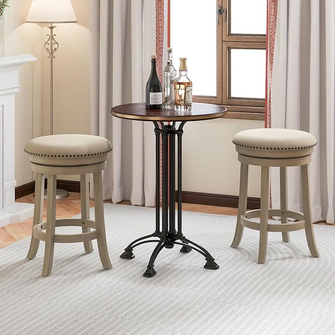 COSTWAY 360° Swivel Bar Stools Set of 2, 26.5-inch Height Upholstered Round Barstools with Wooden Frame, Seat and Footrest, Backless Solid Wood Counter Stools for Kitchen Island Bistro Pub, Beige