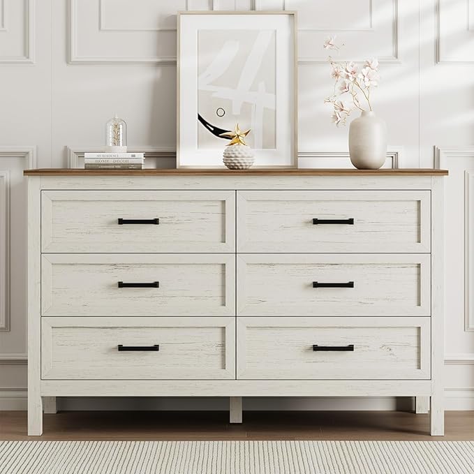 LYNSOM Farmhouse 6 Drawers Dresser for Bedroom, Wood Rustic Wide Chest of Drawers with Deep Drawers, Metal Handle, Storage Dressers Organizer for Entryway, Hallway, Antique White